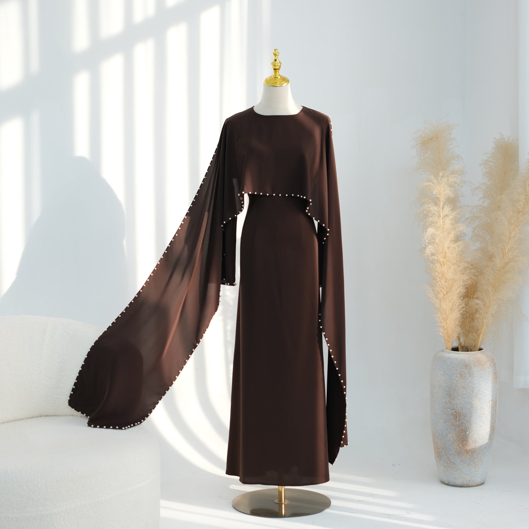 Pearl Beaded Satin Abaya Dress