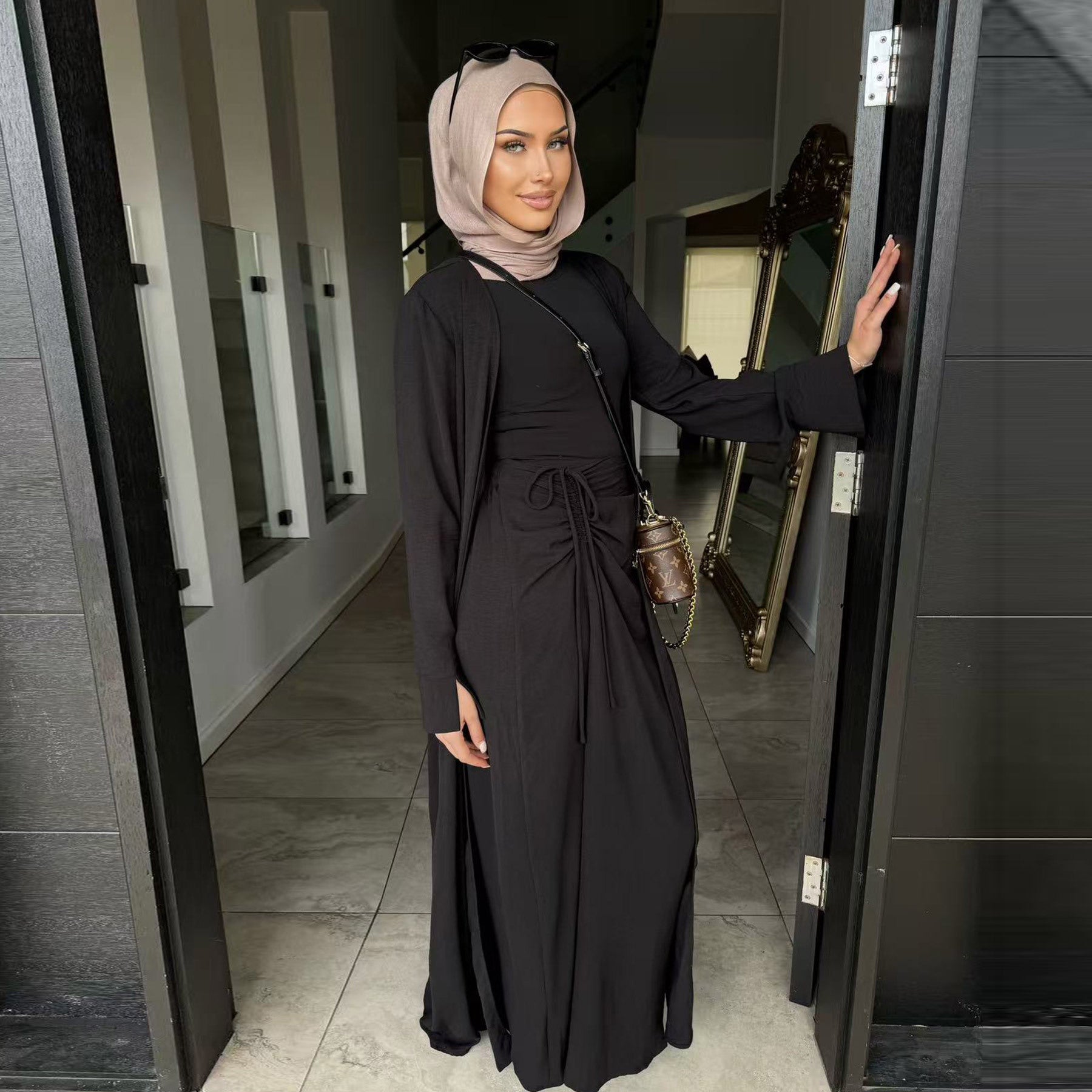 2 Pcs Abaya Solid Color Cardigan and Skirt