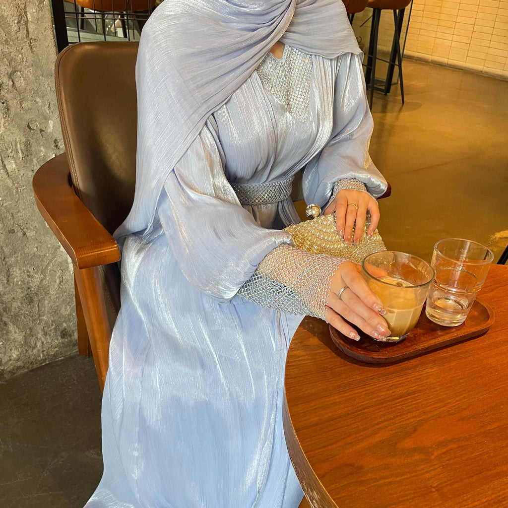Mesh V-neck Chiffon Abaya Set