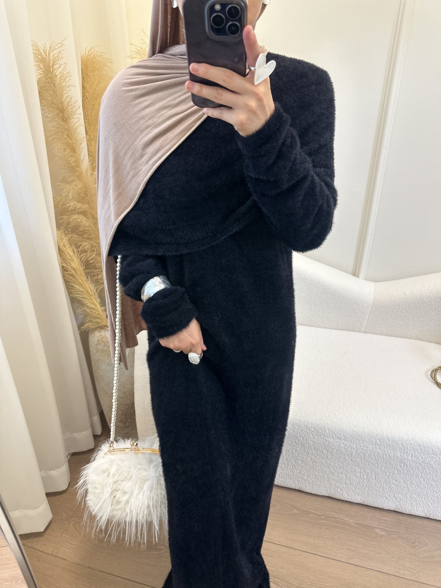 Solid Color Slim-Fit Sweater Abaya with Shawl