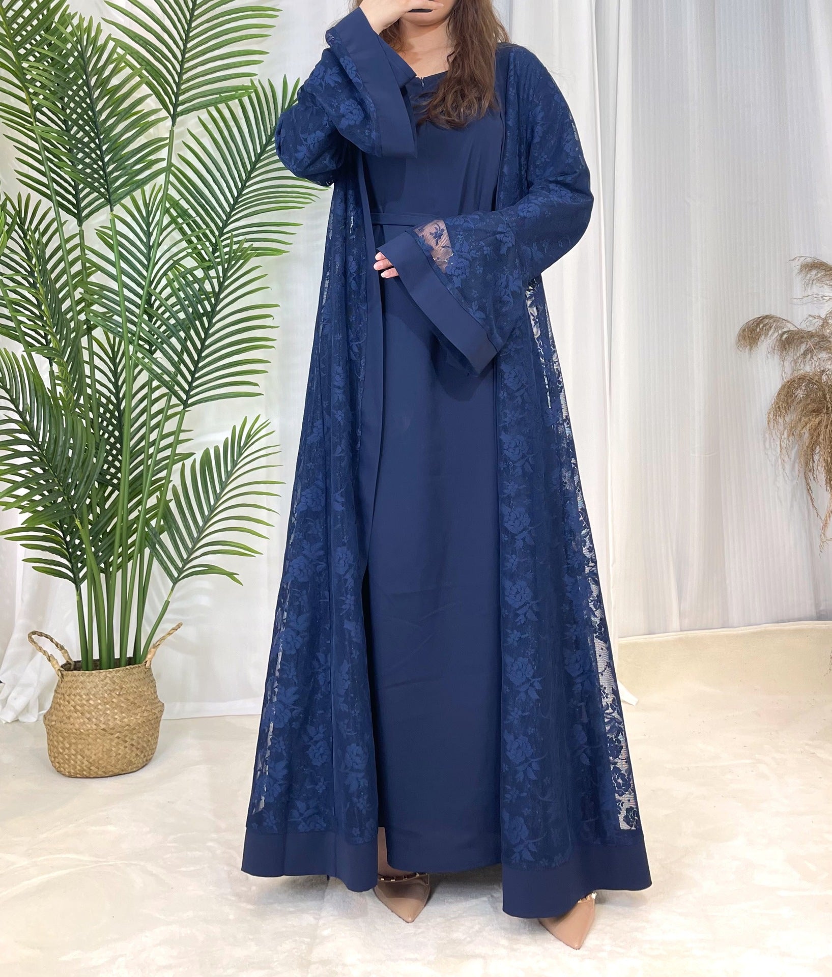 Clear Lace Rose Dress Abaya 3 Piece Set - Blue / S Clear Lace Rose Dress Abaya 3 Piece Set - Blue / S