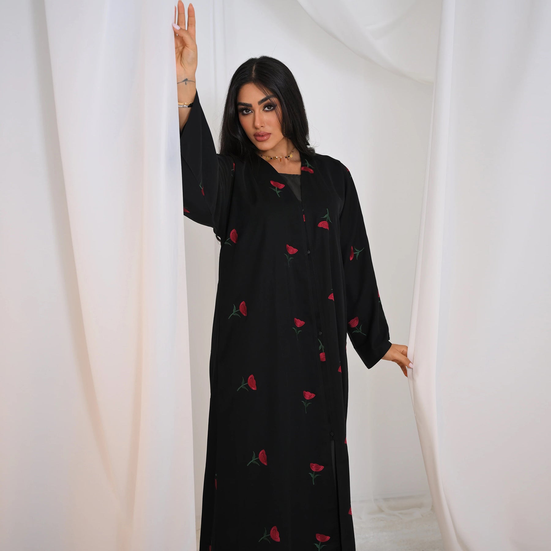 Solid Color Flower Embroidered Cardigan Abaya
