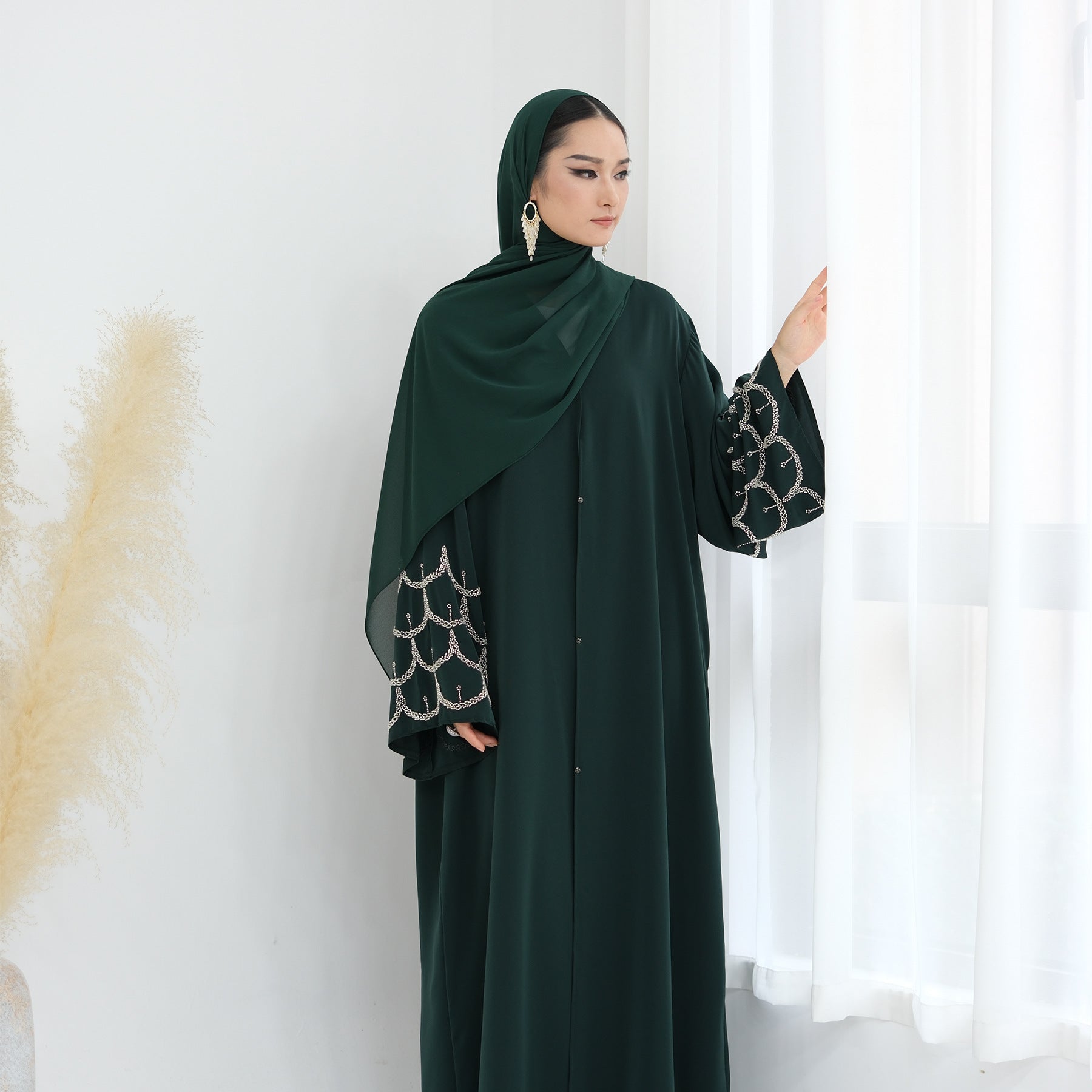Solid Color Beaded Embroidered Cardigan Abaya