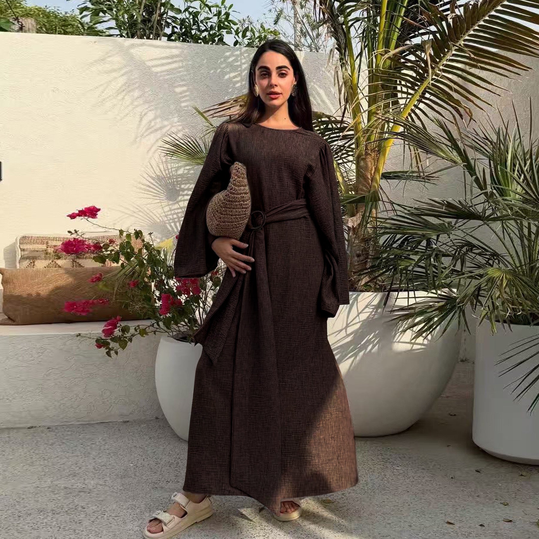 Loose Sleeve Dress with Belted Waist Abaya