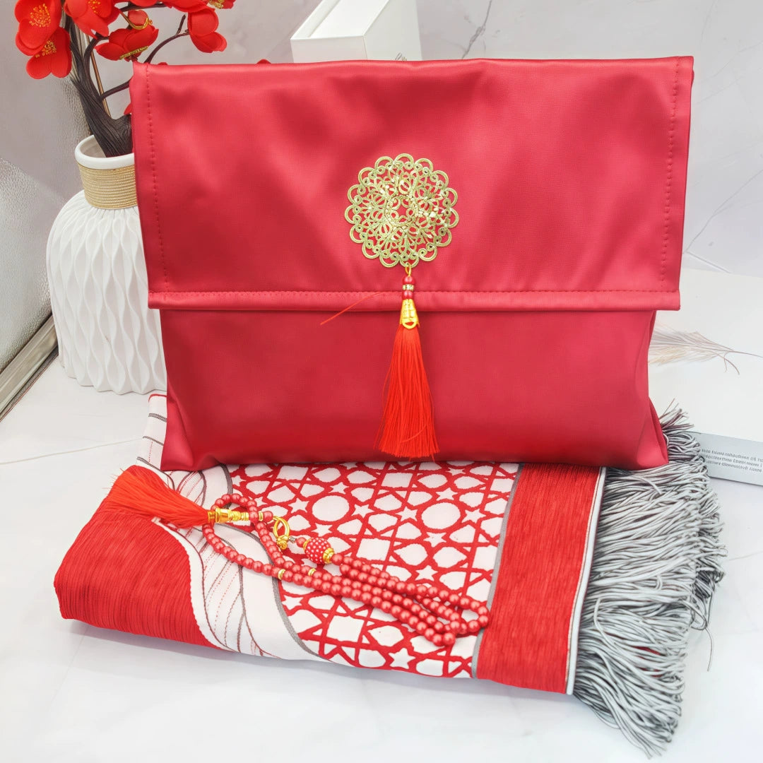 Ramadan Portable Prayer Rug with Fabric Bag - E Red