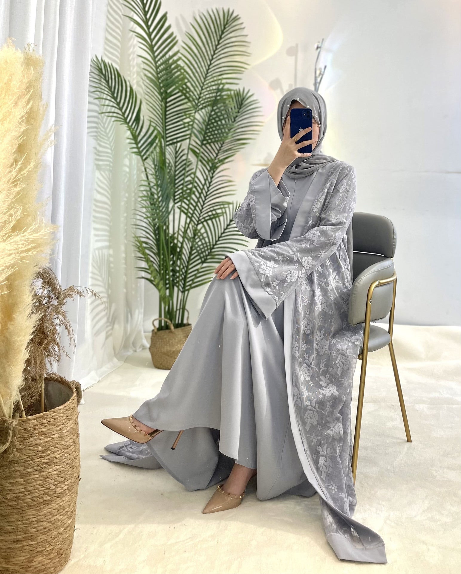 silver abaya dress Yusra Flowy Lightweight Silk Abaya Set