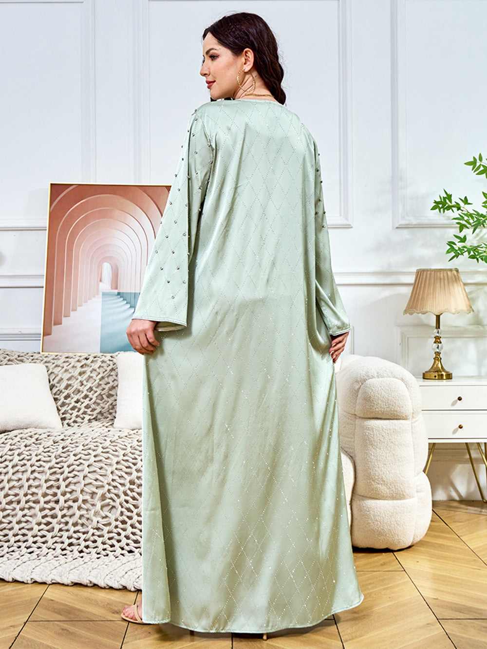 Solid Color Studded Rhinestones Abaya