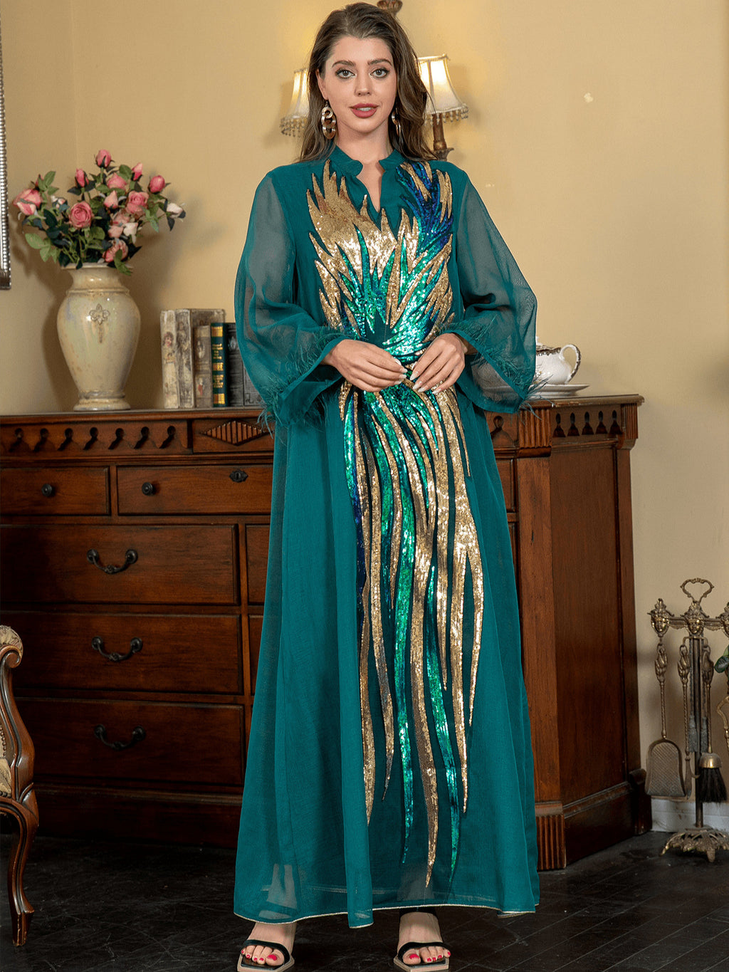Luxury Ostrich Fur Sequin Kaftan