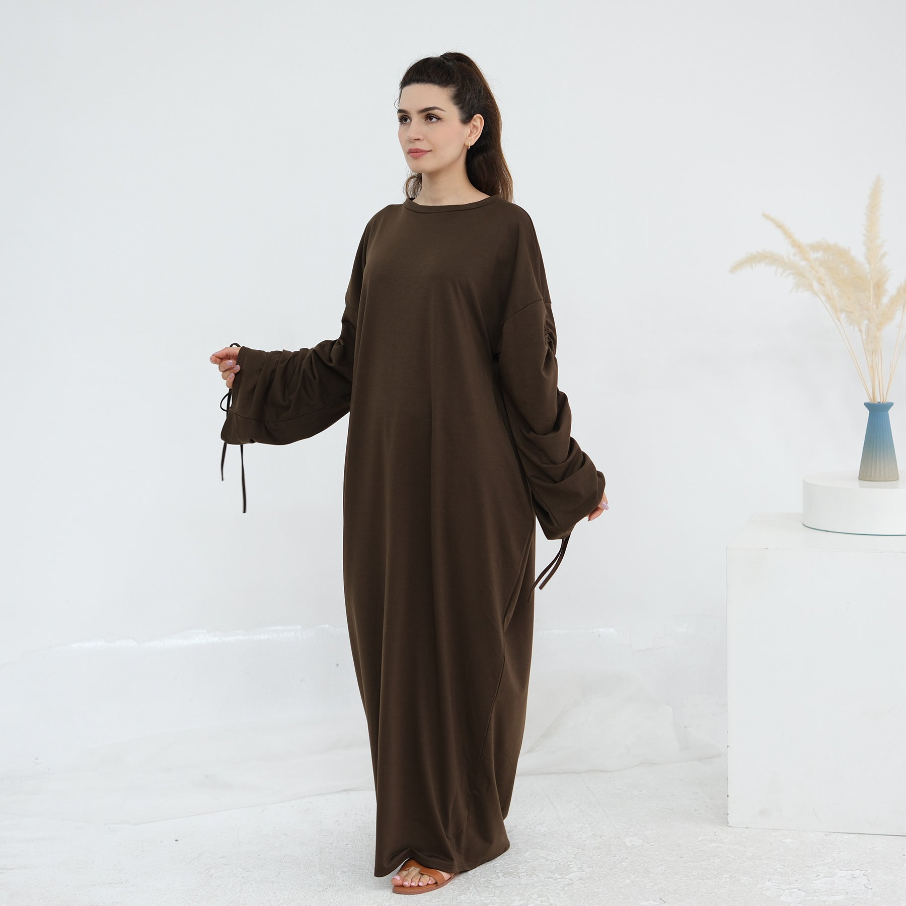 Solid Color Dress with Drawstring Cuffs Abaya