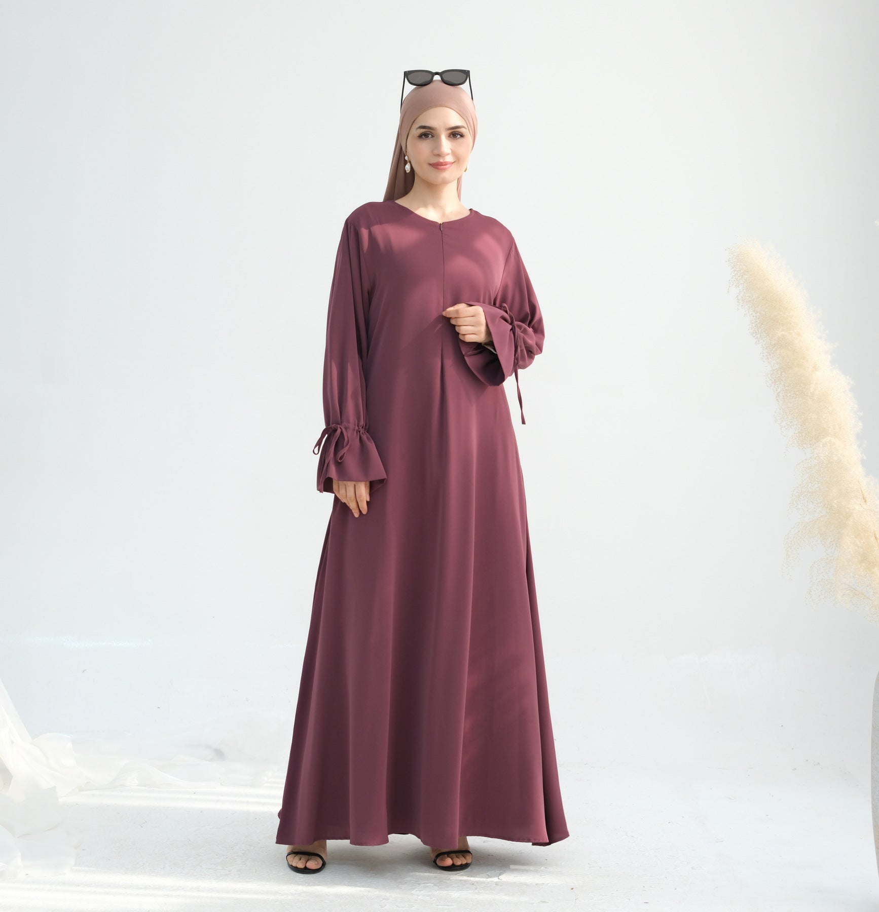 Solid Color Satin Abaya Maxi Dress
