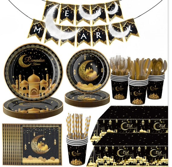 Ramadan Full Set Disposable Tableware 136 PCS - Black Gold