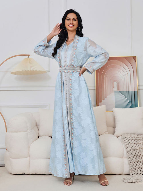 Fresh Lace Blue & Pink Abaya 3 Piece Set