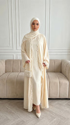 Yellow Lace Open Abaya with Hijab