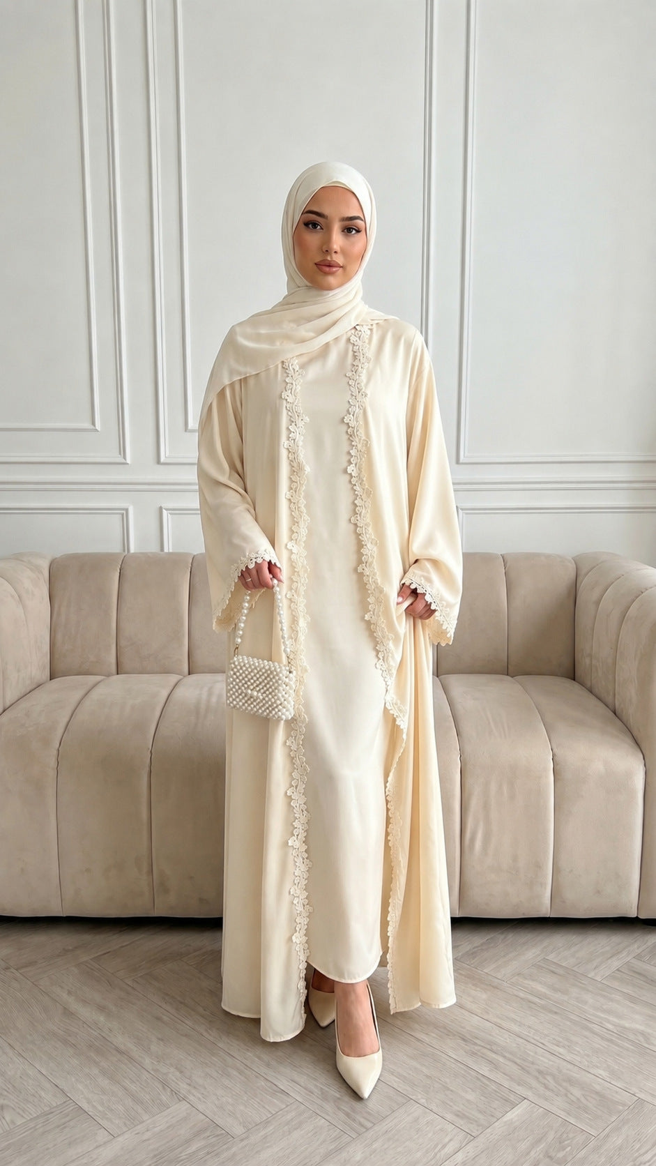 Yellow Lace Open Abaya with Hijab