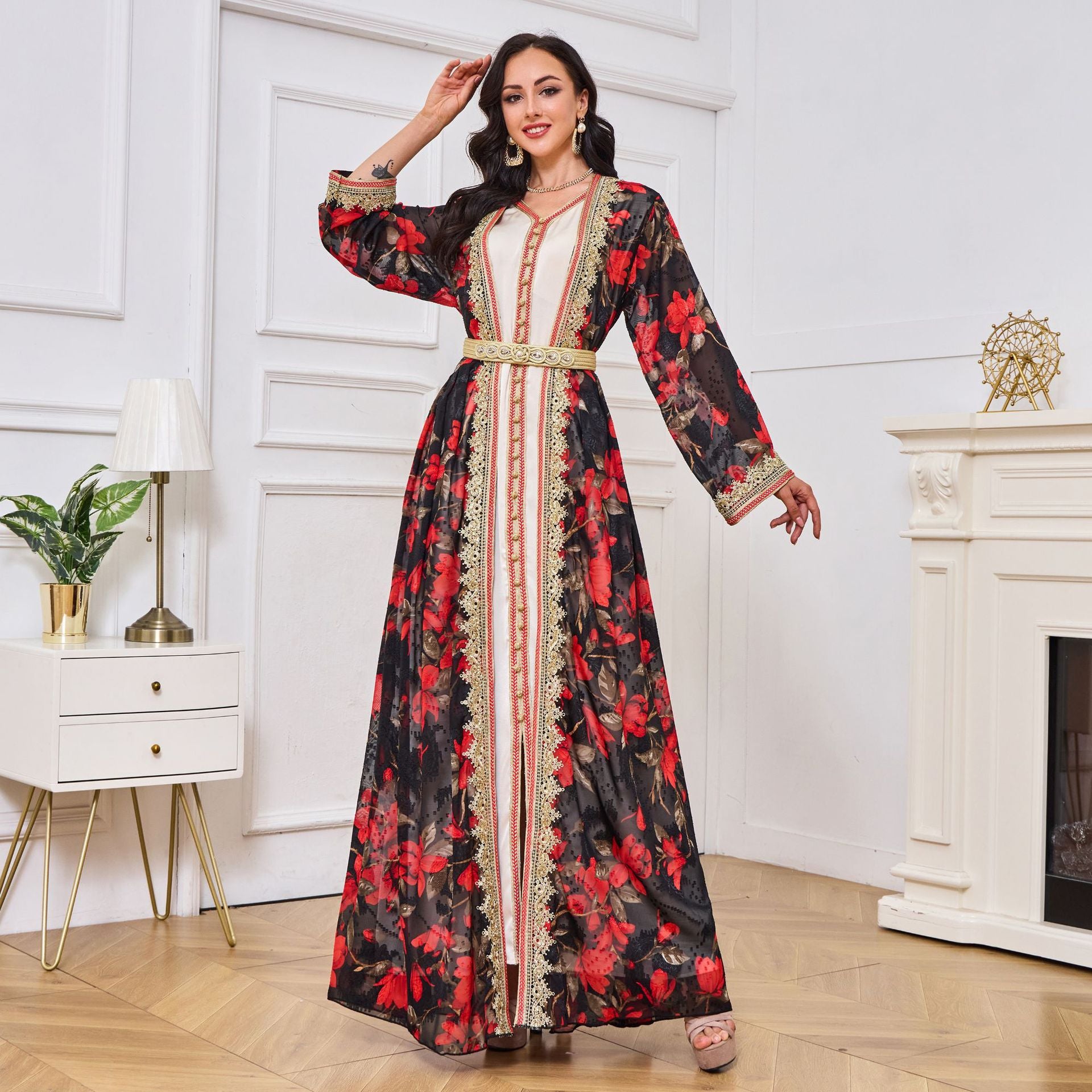 red abaya dress Pink crpe abaya paired with a red taffeta cape