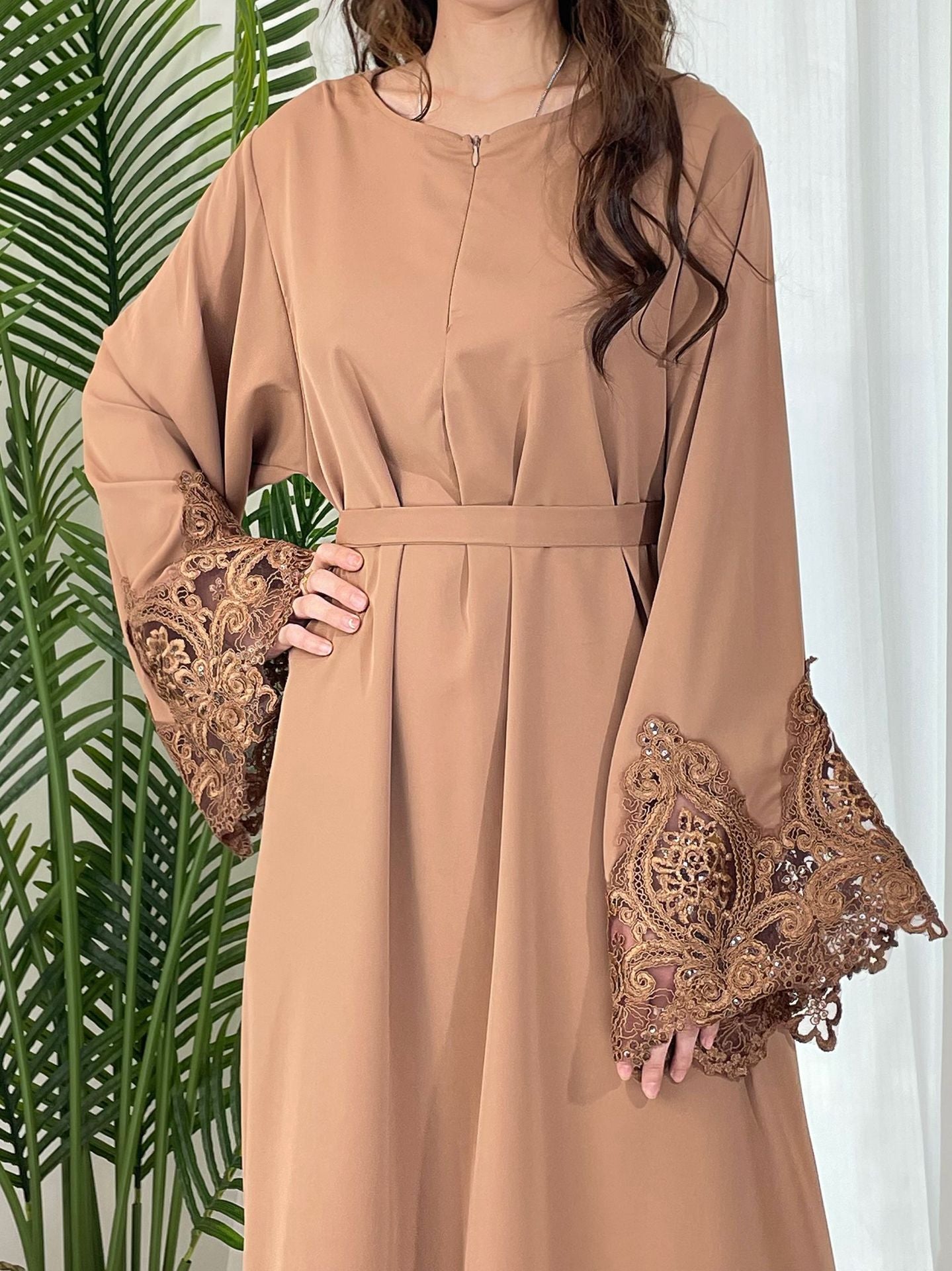 Solid Color Floral Lace Abaya