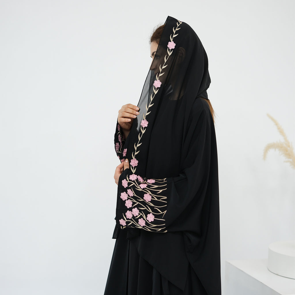 Flower Embroidery Cardigan Abaya with Hijab
