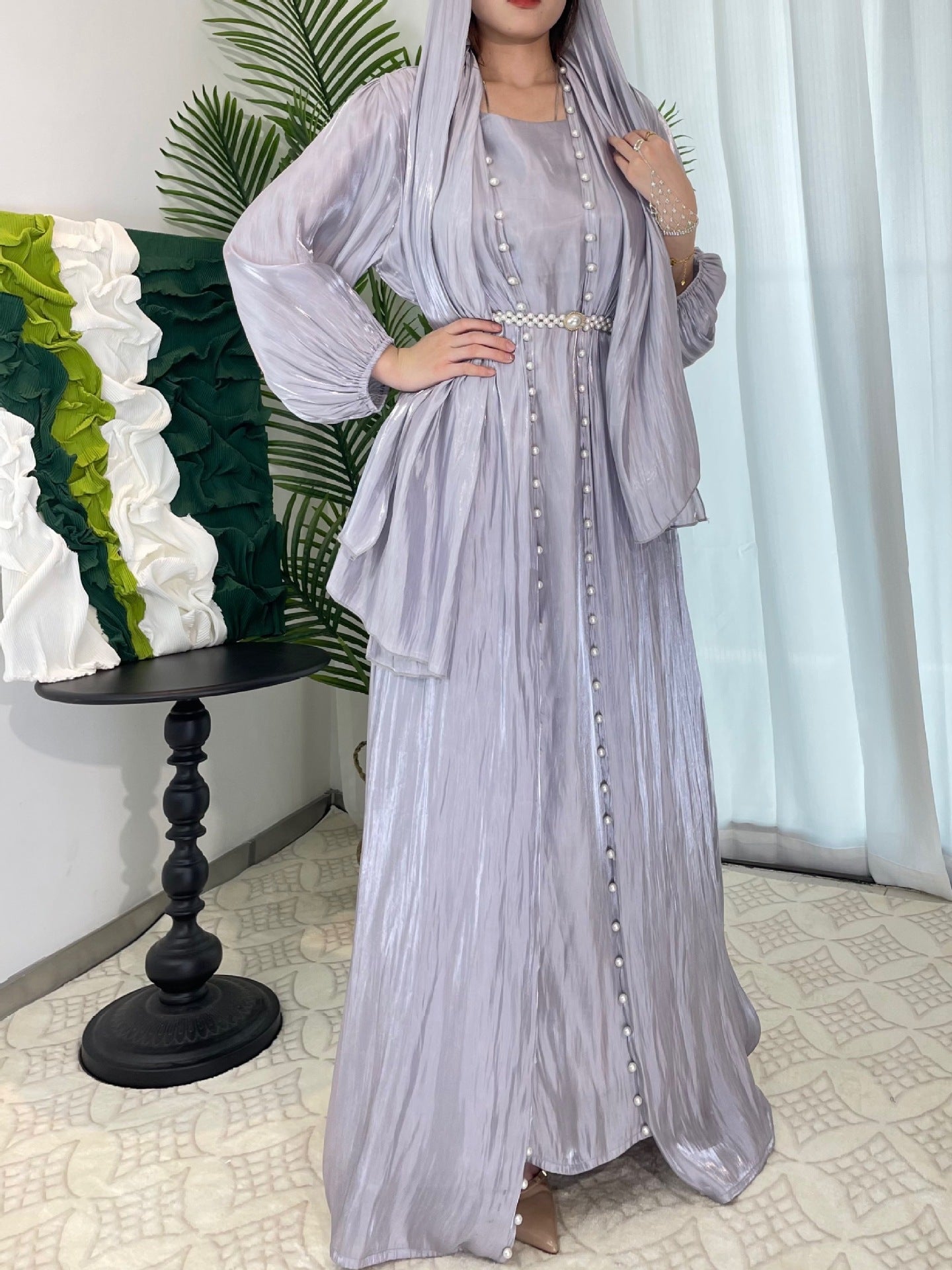 Flowing Gauze Dress Abaya 5 Piece Set