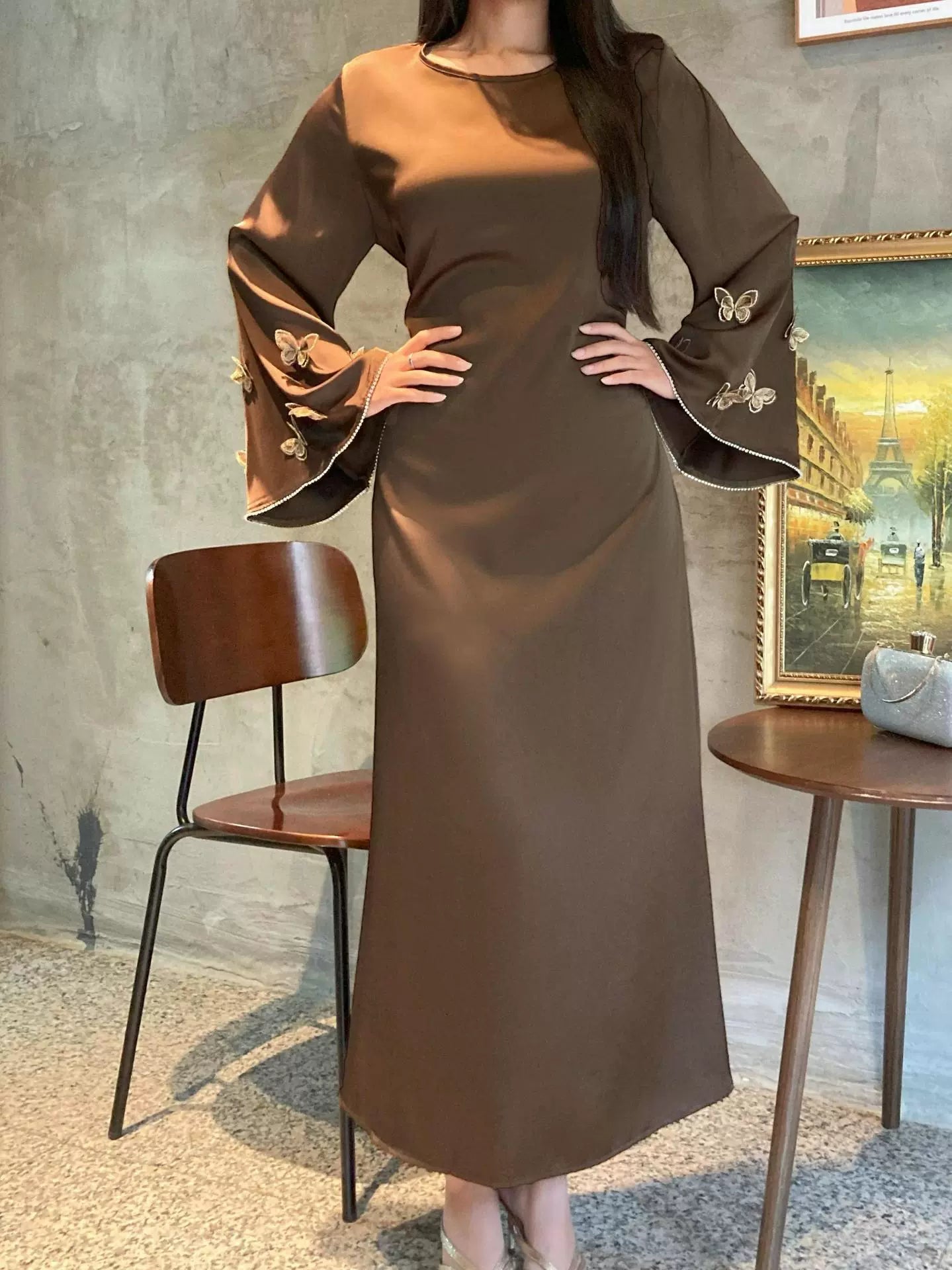 Hand-embroidered Butterfly Solid Color Abaya