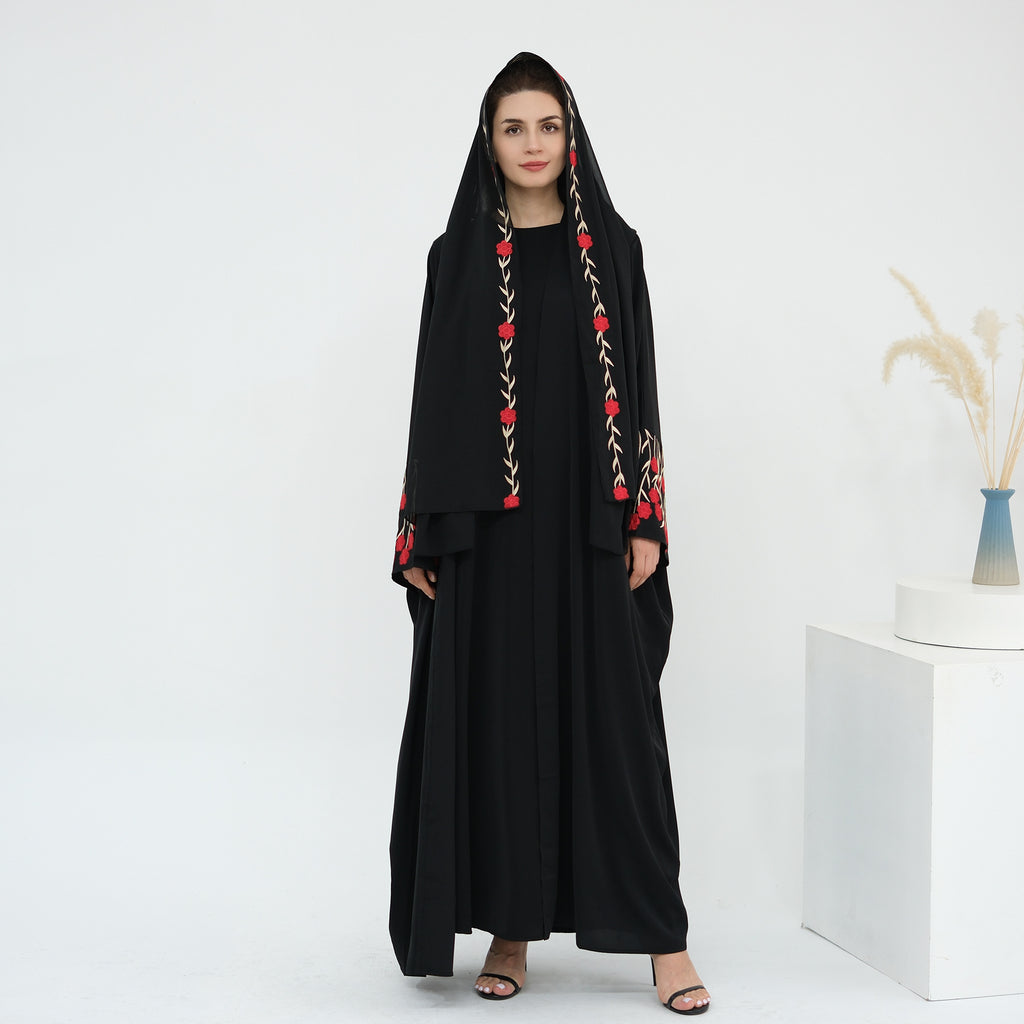 Flower Embroidery Cardigan Abaya with Hijab