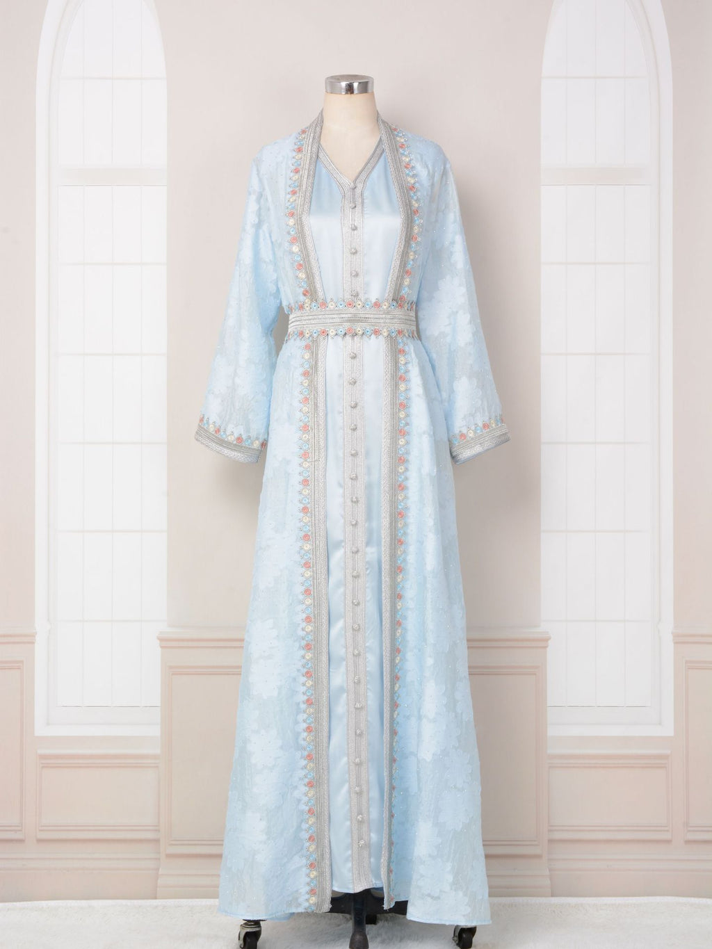 Fresh Lace Blue & Pink Abaya 3 Piece Set