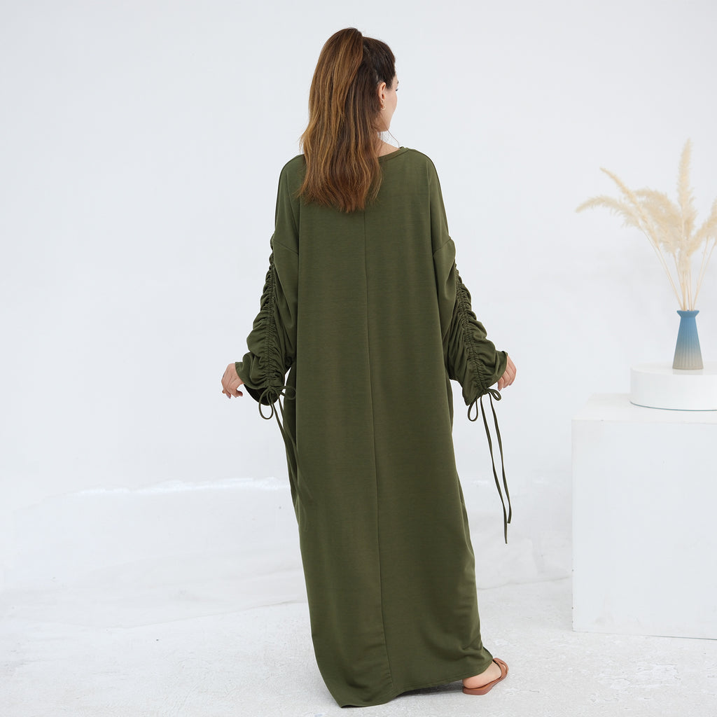 Solid Color Dress with Drawstring Cuffs Abaya