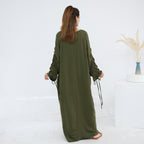 Solid Color Dress with Drawstring Cuffs Abaya