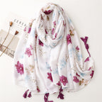 Cotton Linen Floral Hijab Scarf with Tassels