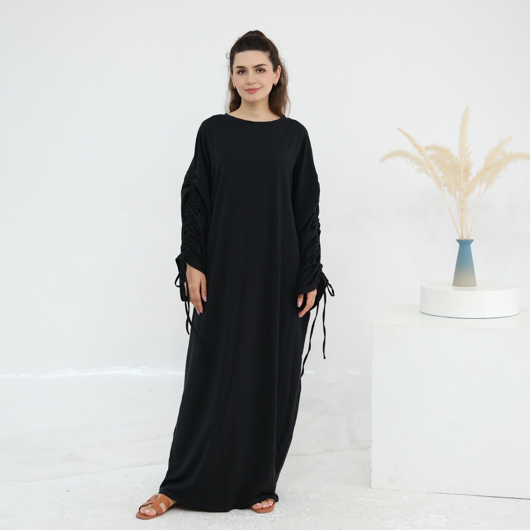 Solid Color Dress with Drawstring Cuffs Abaya