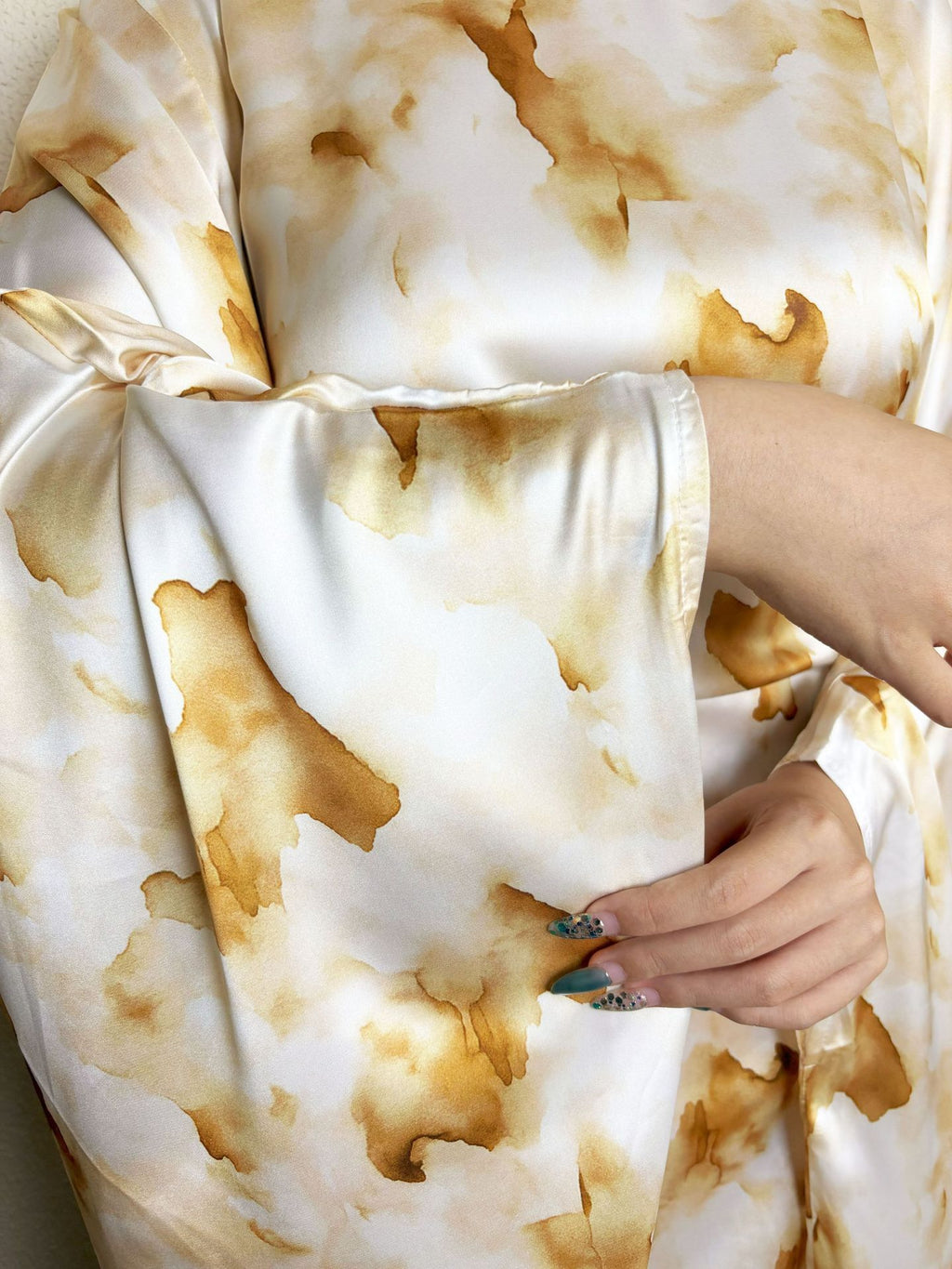 Yellow Waist-Cinched Printed Abaya