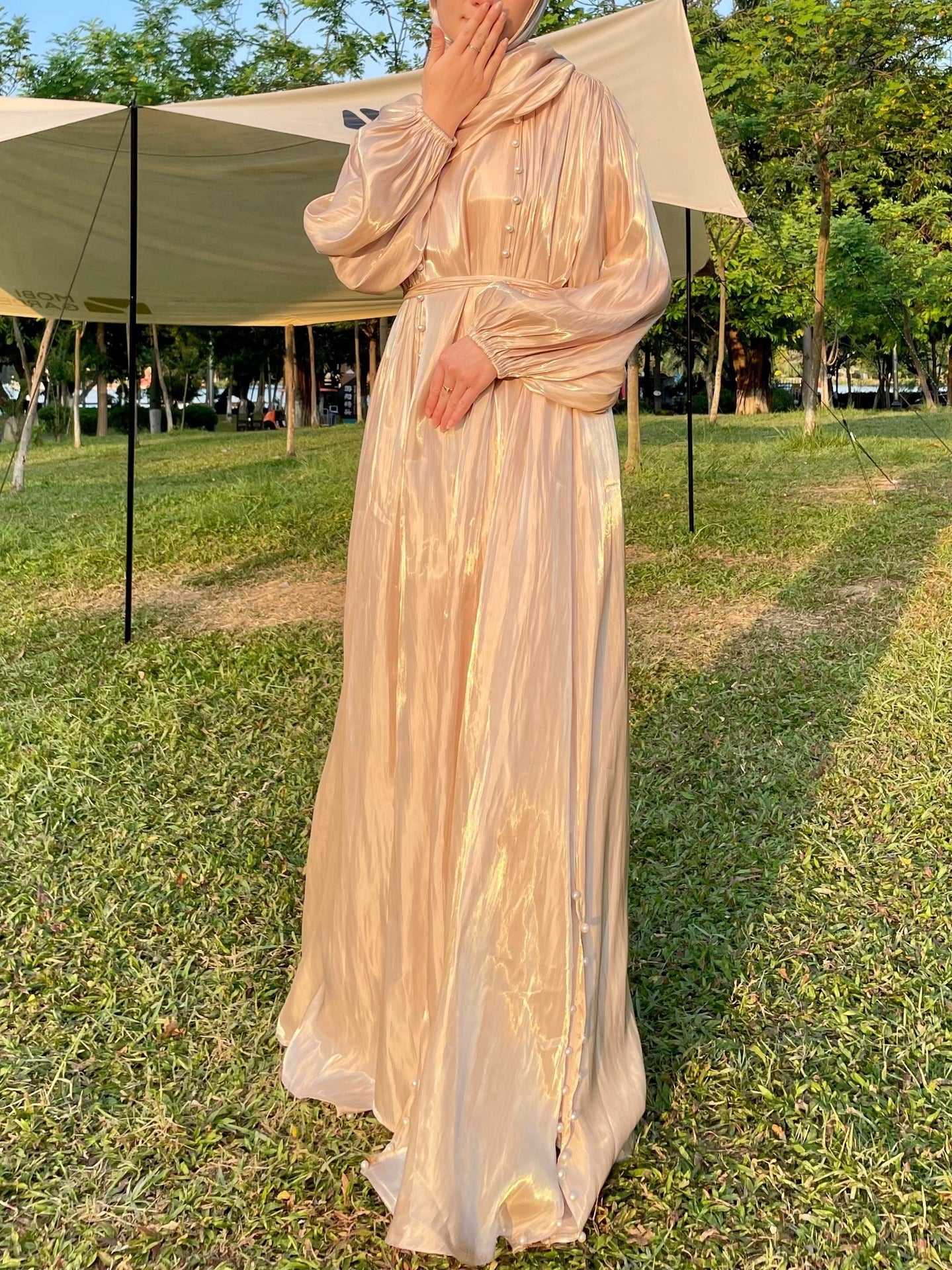 Flowing Gauze Dress Abaya 5 Piece Set