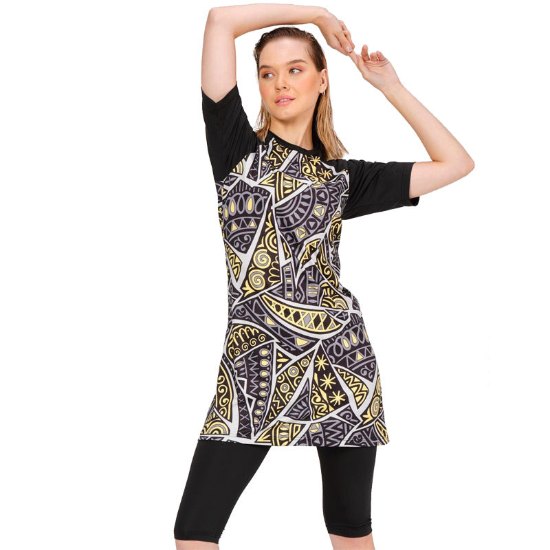 Patterned Short Sleeve Swimsuit
