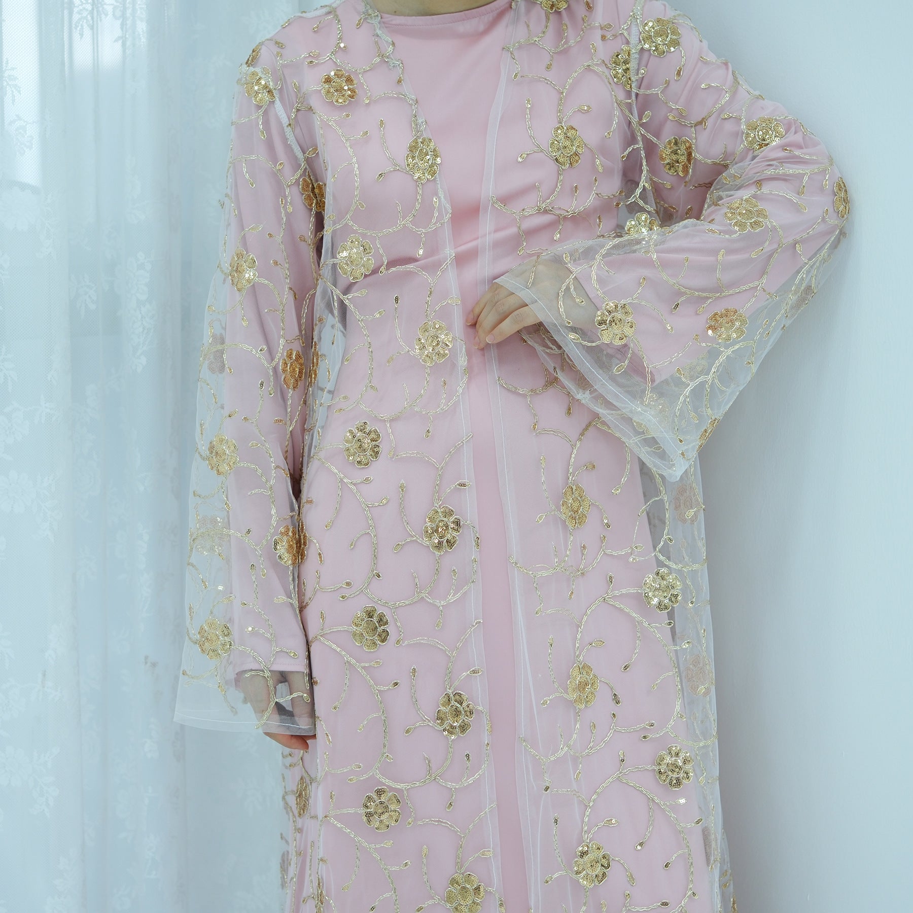 Golden Hook Flower Embroidered Cardigan Abaya