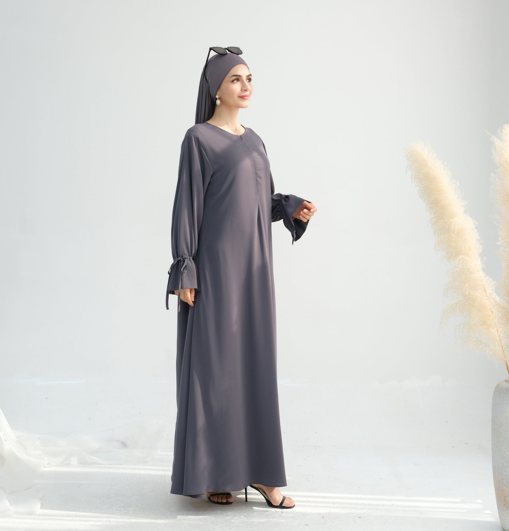 Solid Color Satin Abaya Maxi Dress