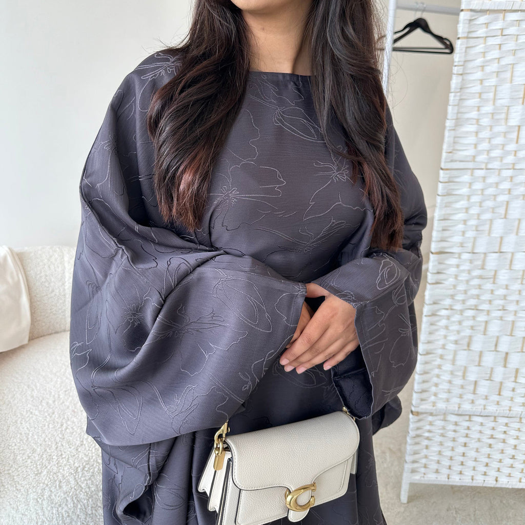 Jacquard Waist-Tied Dress Abaya with Hijab