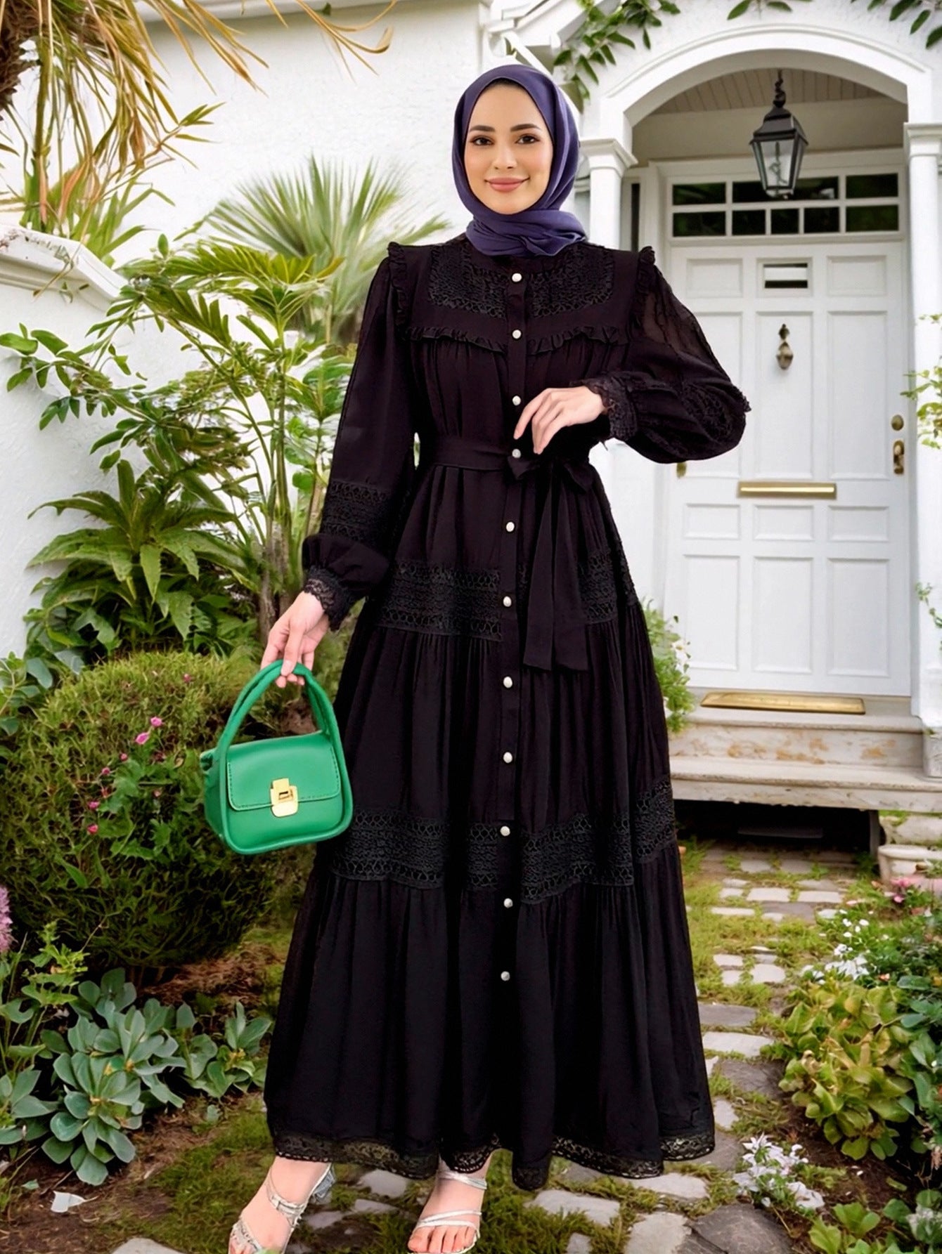 Lace Cutout Stand-up Neck Abaya