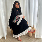 Black Embroidered Abaya Flower Pleated Patchwork