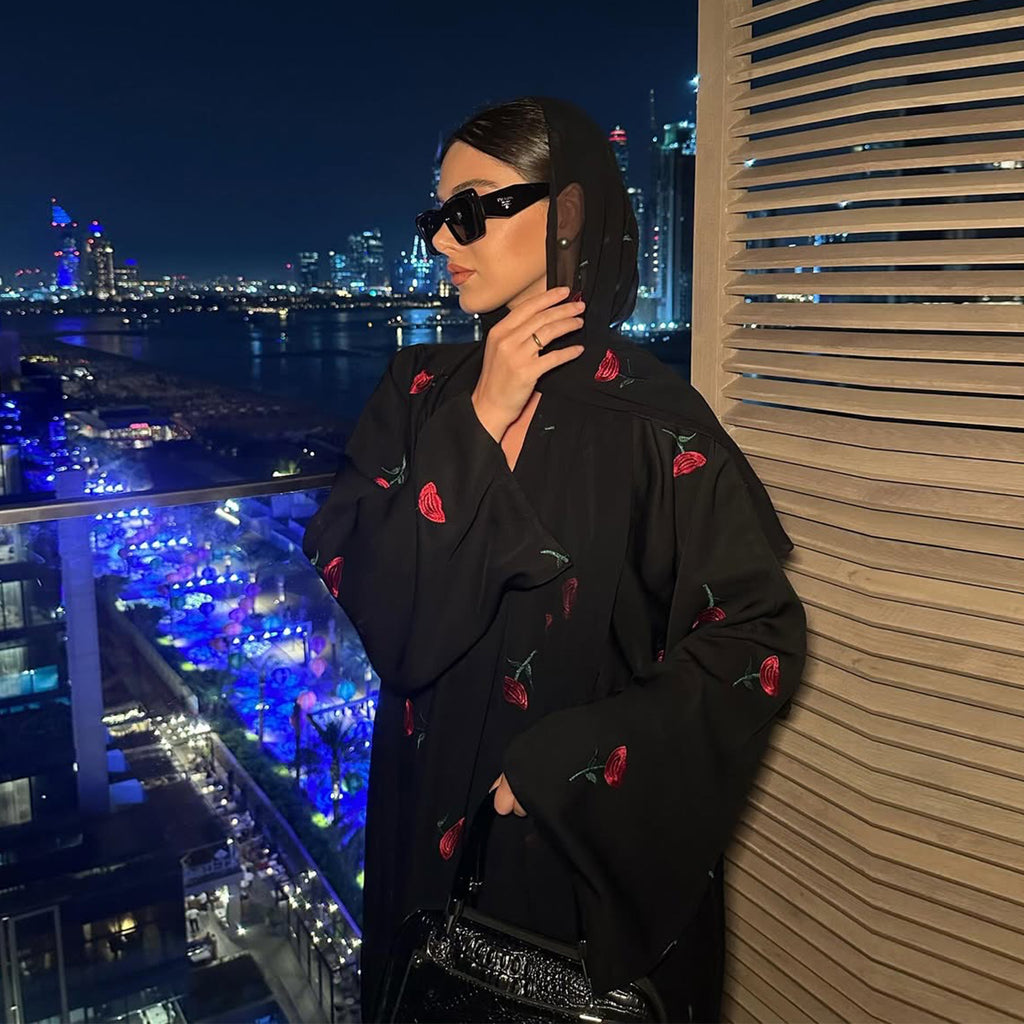 Solid Color Flower Embroidered Cardigan Abaya