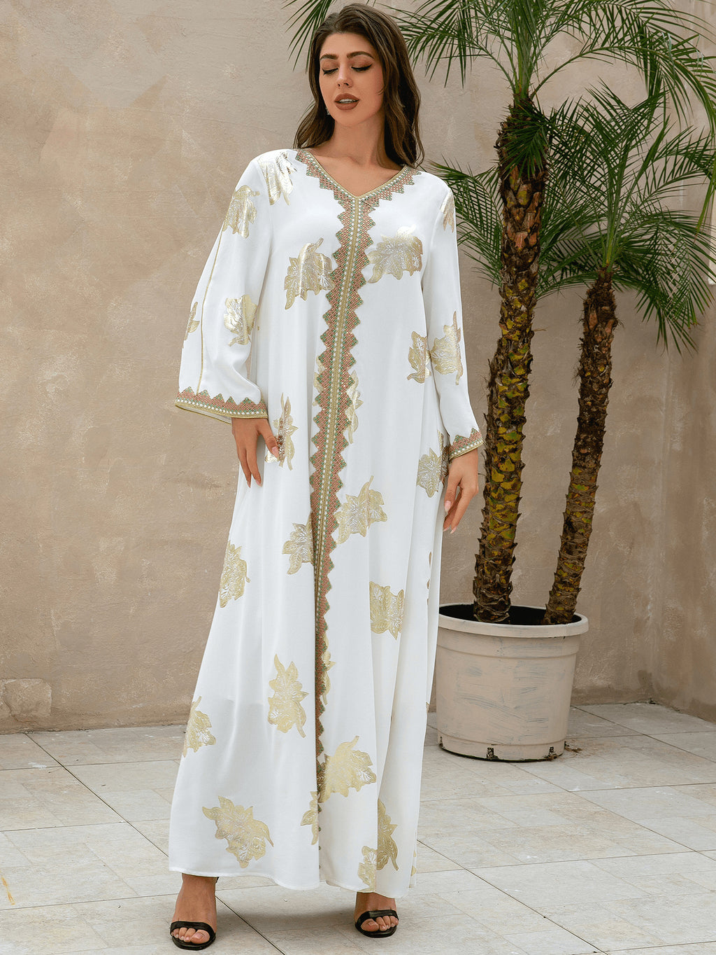 Abaya One-Piece V Neck Floral Embroidery
