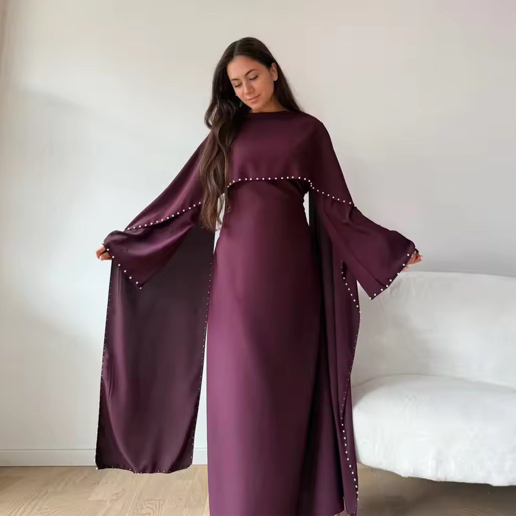 Pearl Beaded Satin Abaya Dress Light Yellow / XL Pearl Beaded Satin Abaya Dress Light Yellow / XL