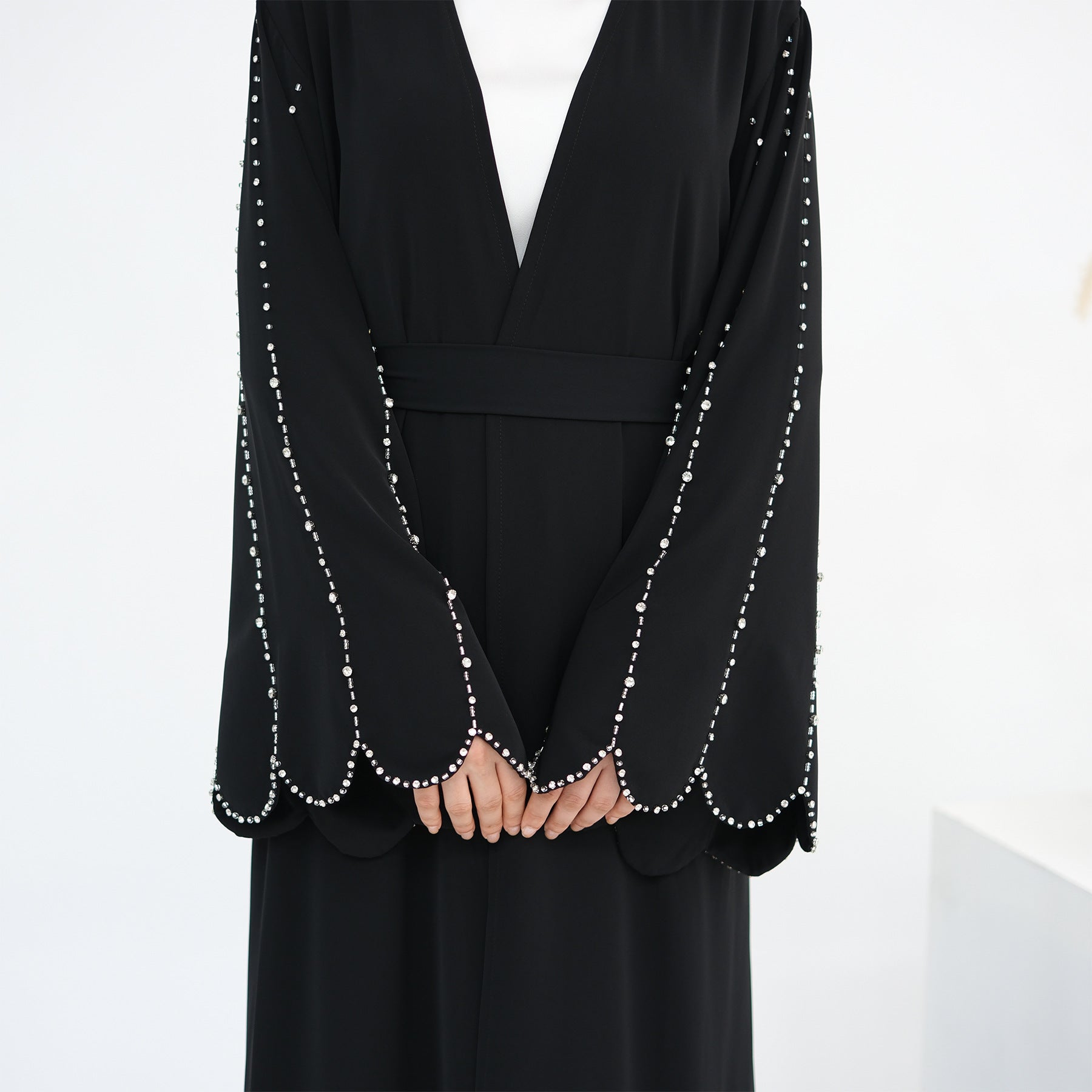 Beaded Line Trimmed Open Front Abaya