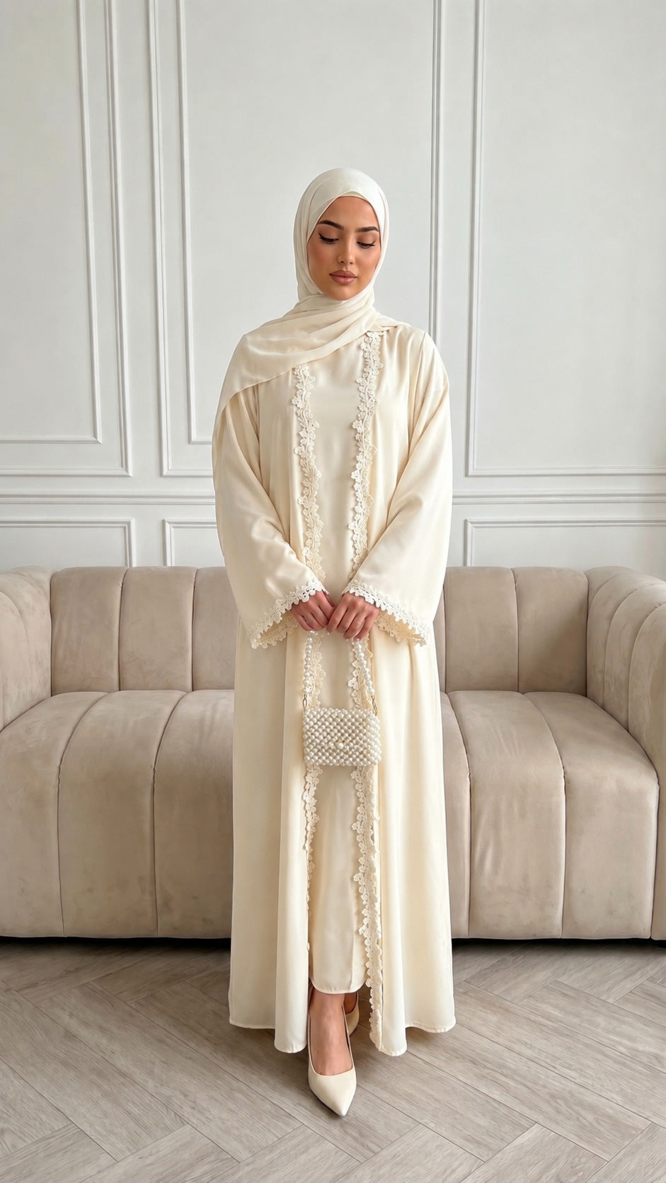 Yellow Lace Open Abaya with Hijab