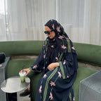 Black Floral Print Open Abaya
