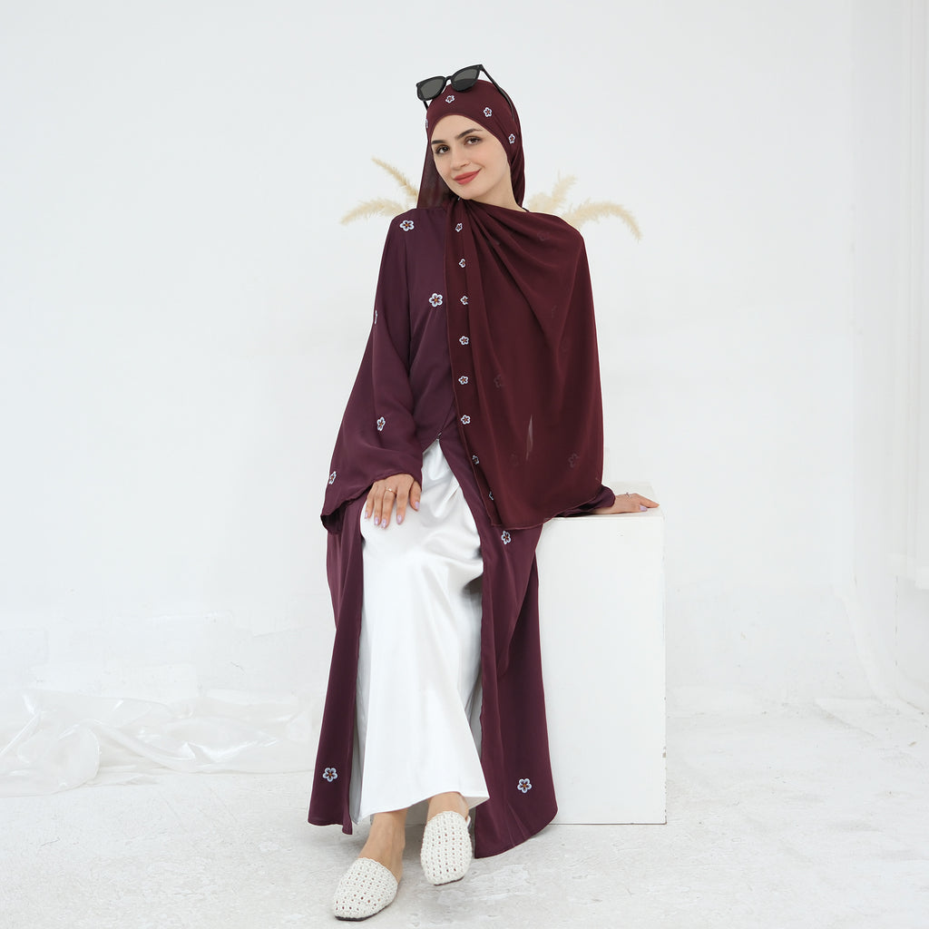 Embroidered Cardigan Abaya with Hijab