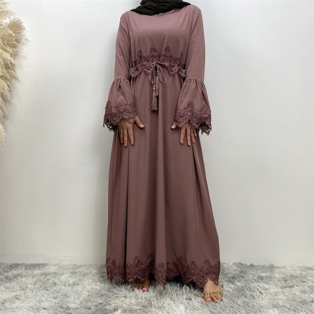 Lace Patchwork Waist Cinching Dress Pink / L Lace Patchwork Waist Cinching Dress Pink / L
