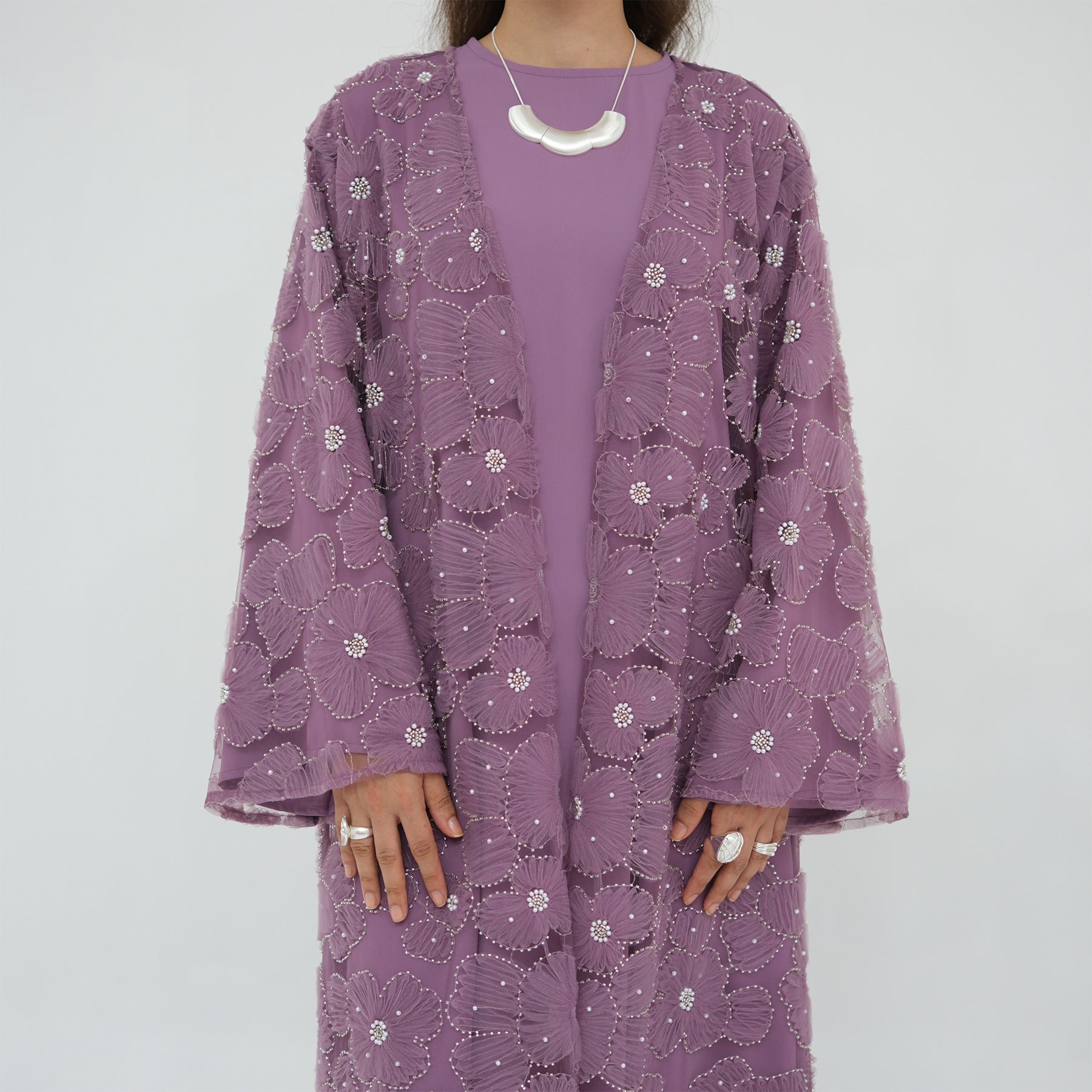 3D Flower Beaded Cardigan Abaya Set