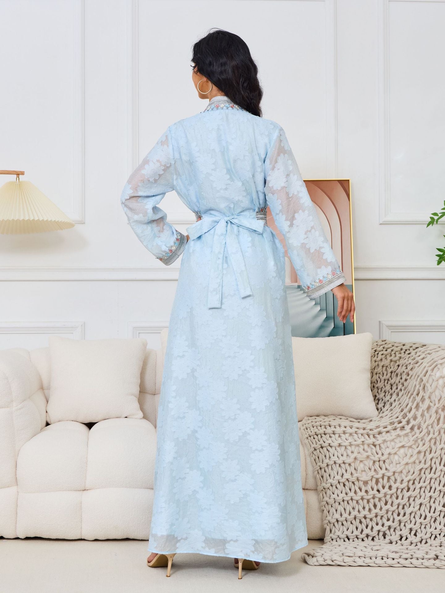 Fresh Lace Blue & Pink Abaya 3 Piece Set