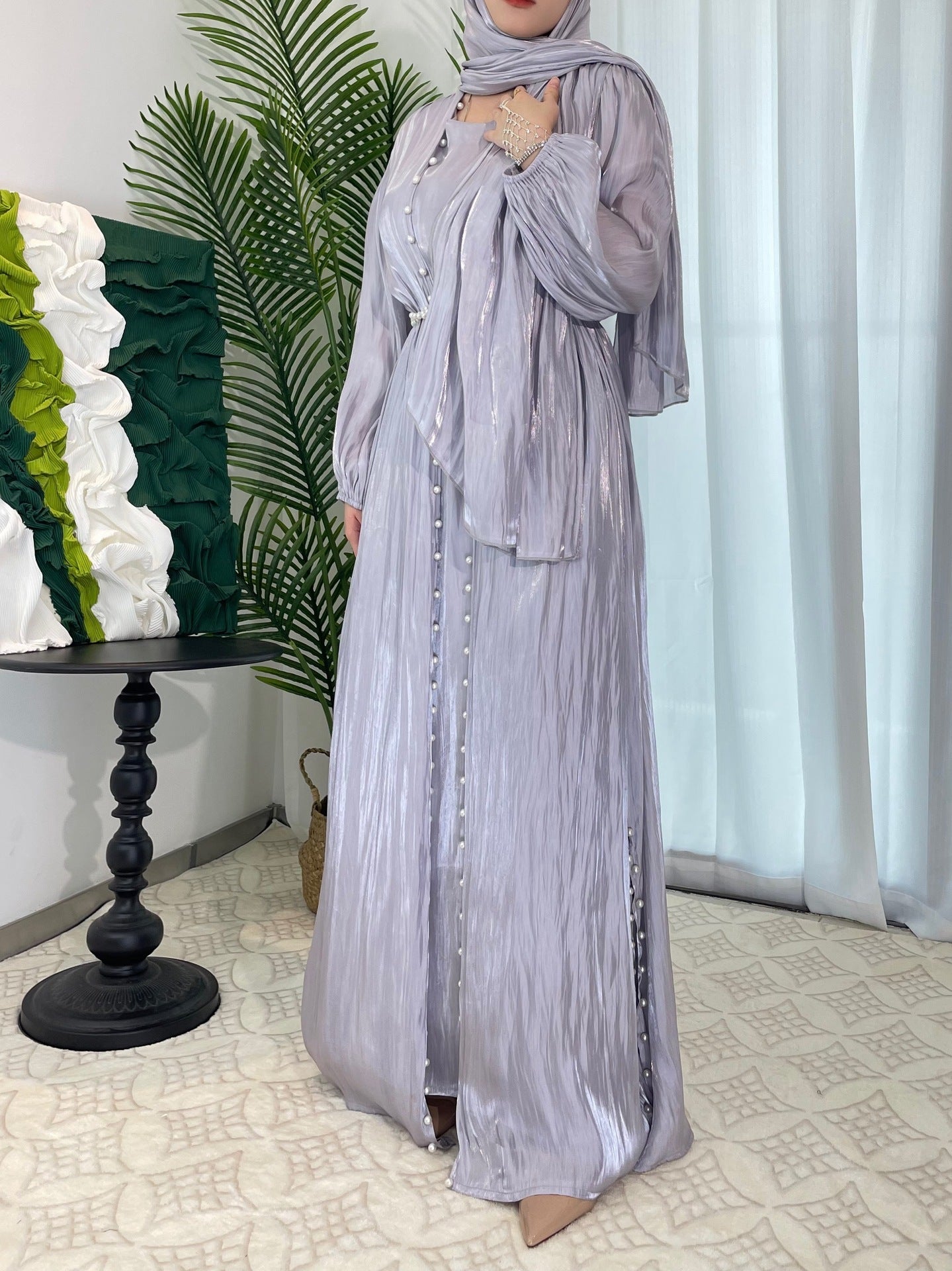 Flowing Gauze Dress Abaya 5 Piece Set