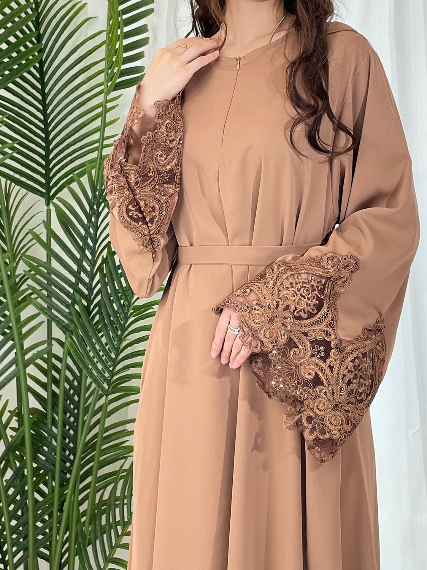Solid Color Floral Lace Abaya