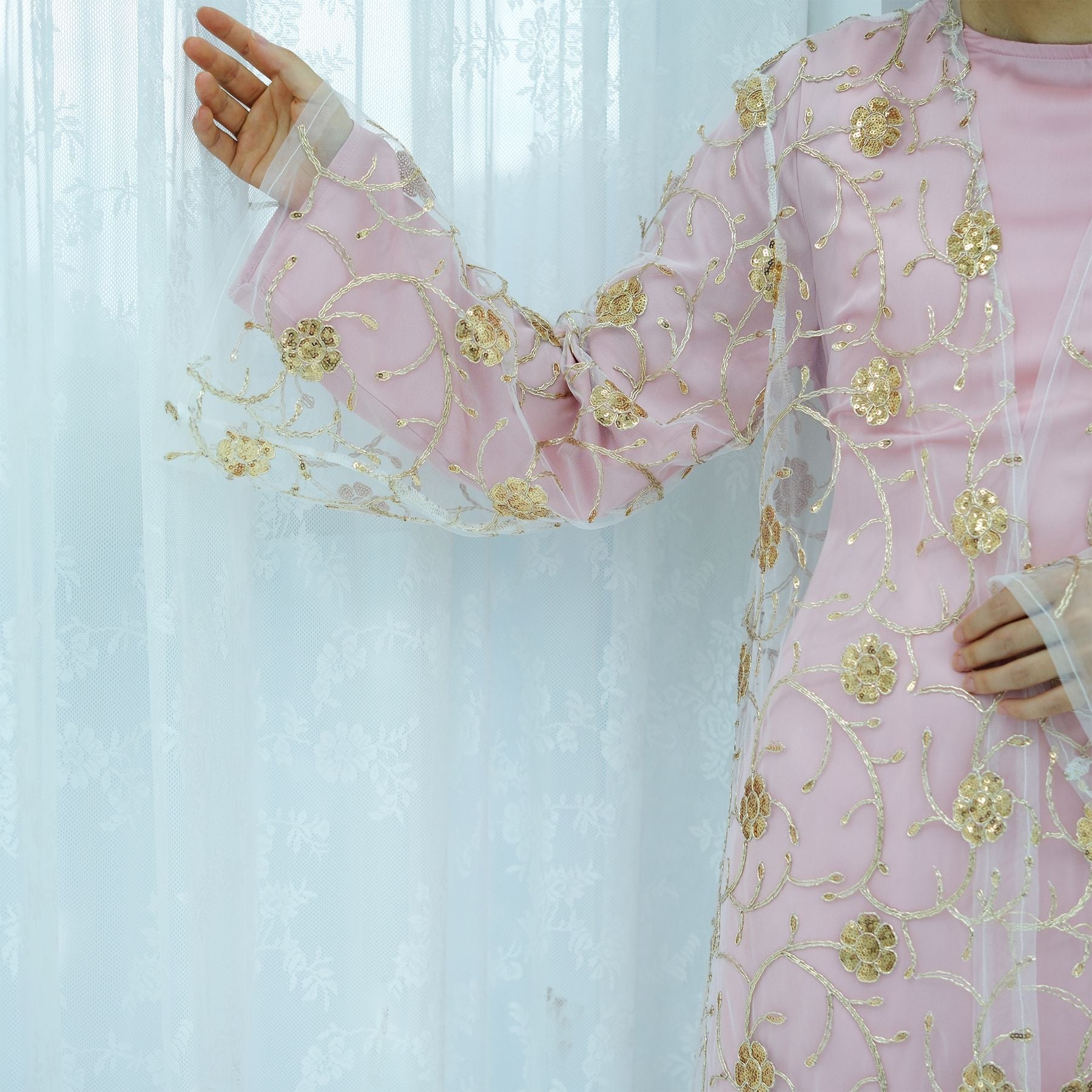 Golden Hook Flower Embroidered Cardigan Abaya